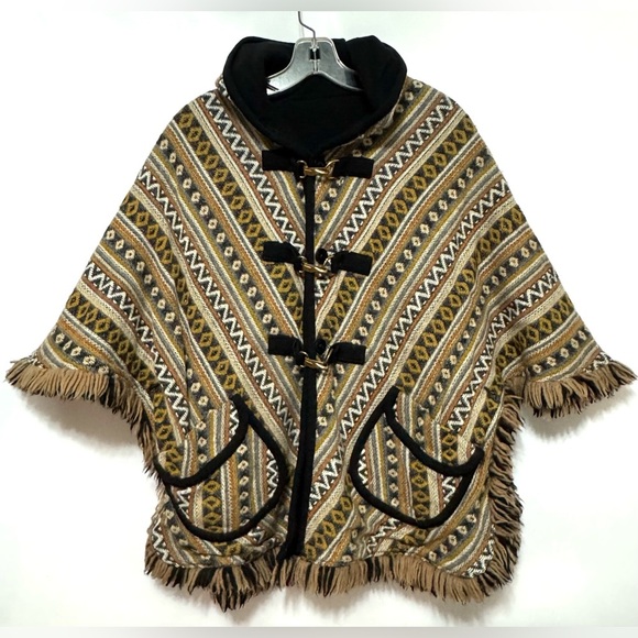 Vintage Wool Reversible Poncho Cape Jacket With Hood Fringe Aztec OS